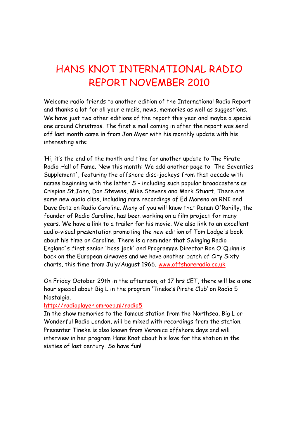Hans Knot International Radio Report November 2010