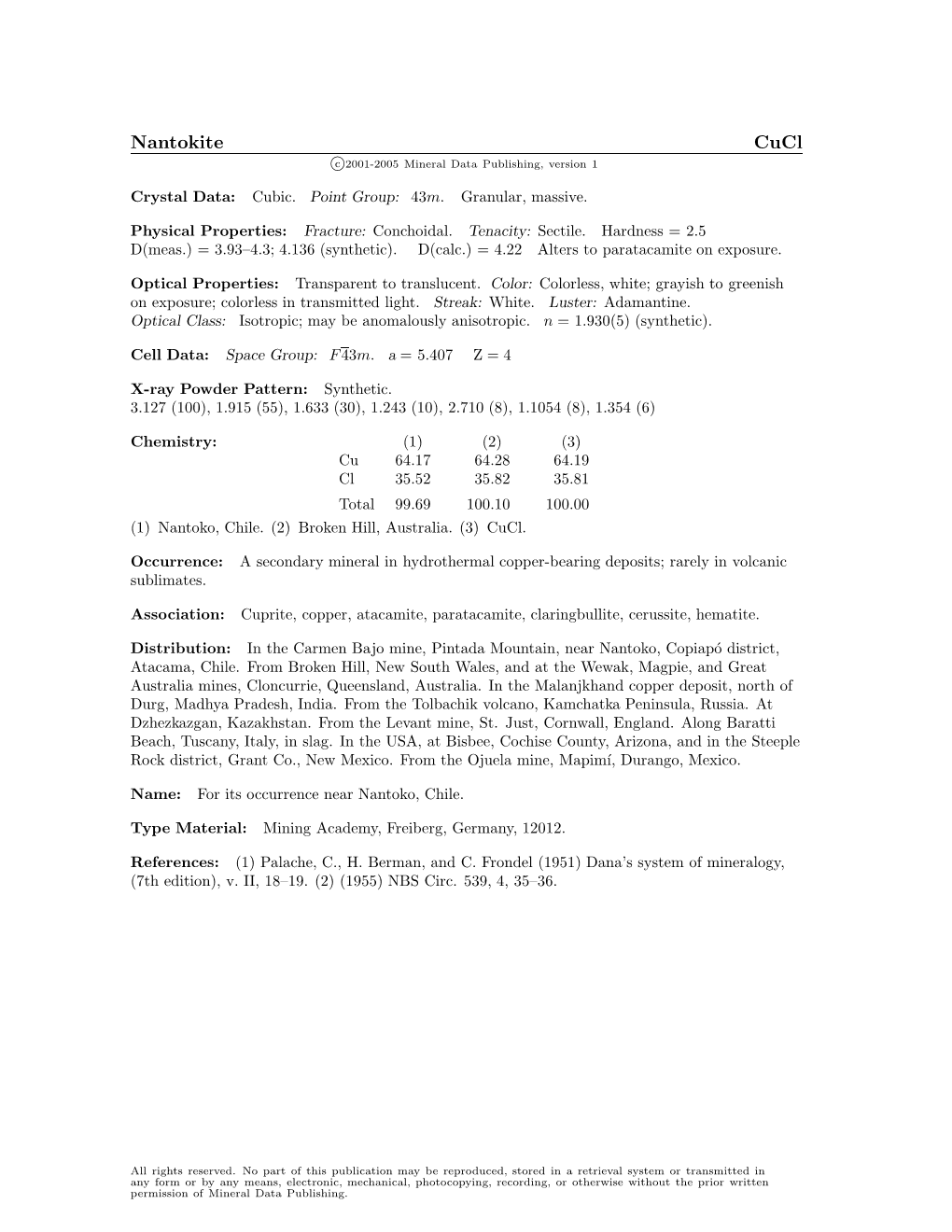 Nantokite Cucl C 2001-2005 Mineral Data Publishing, Version 1