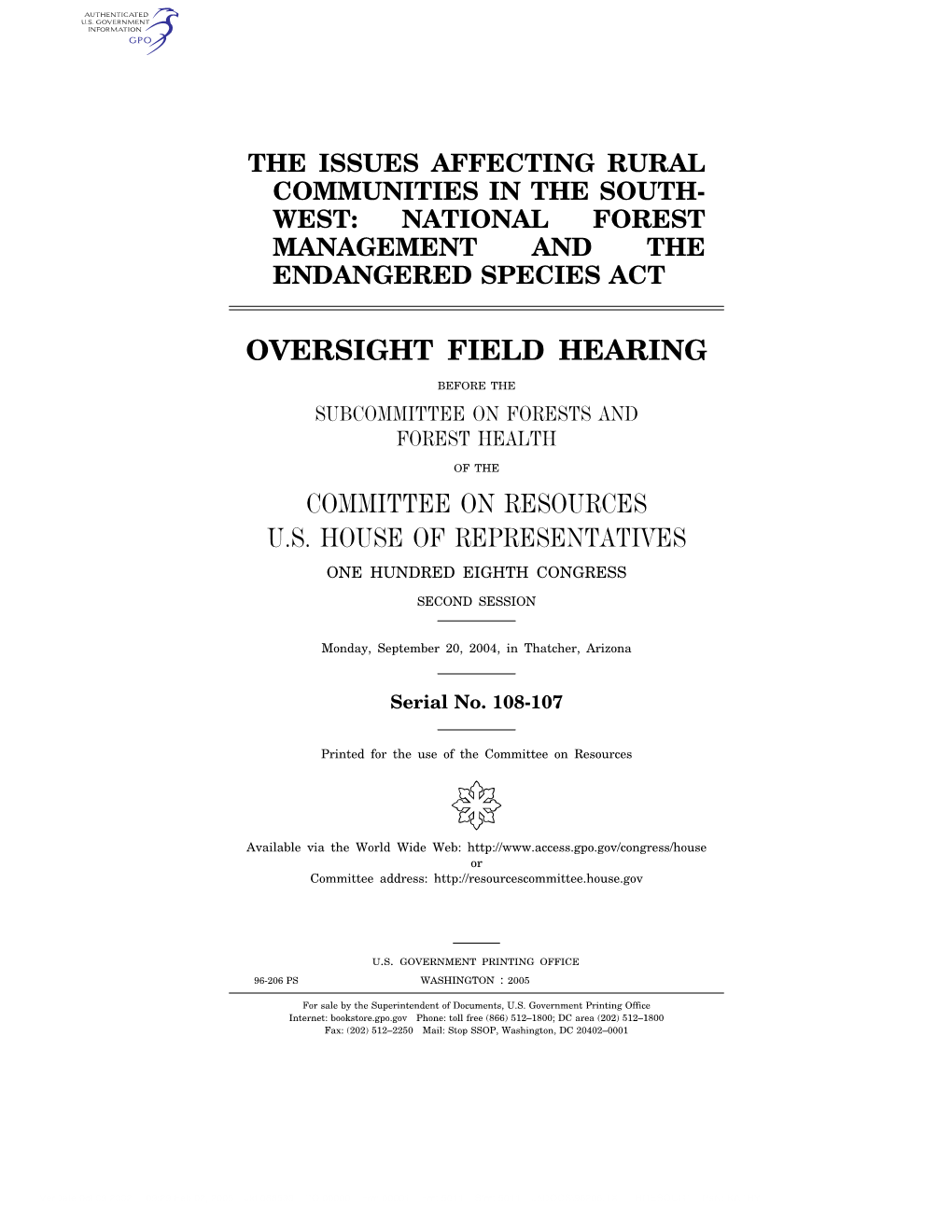 Oversight Field Hearing Committee On