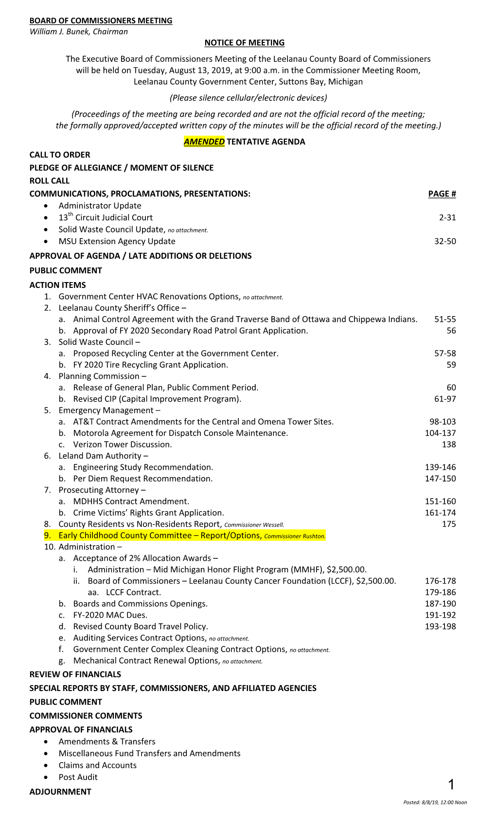 NOTICE of MEETING the Executive Board of Commissioners Meeting of the Leelanau County Board of Commissioners Will Be Held on Tuesday, August 13, 2019, at 9:00 A.M