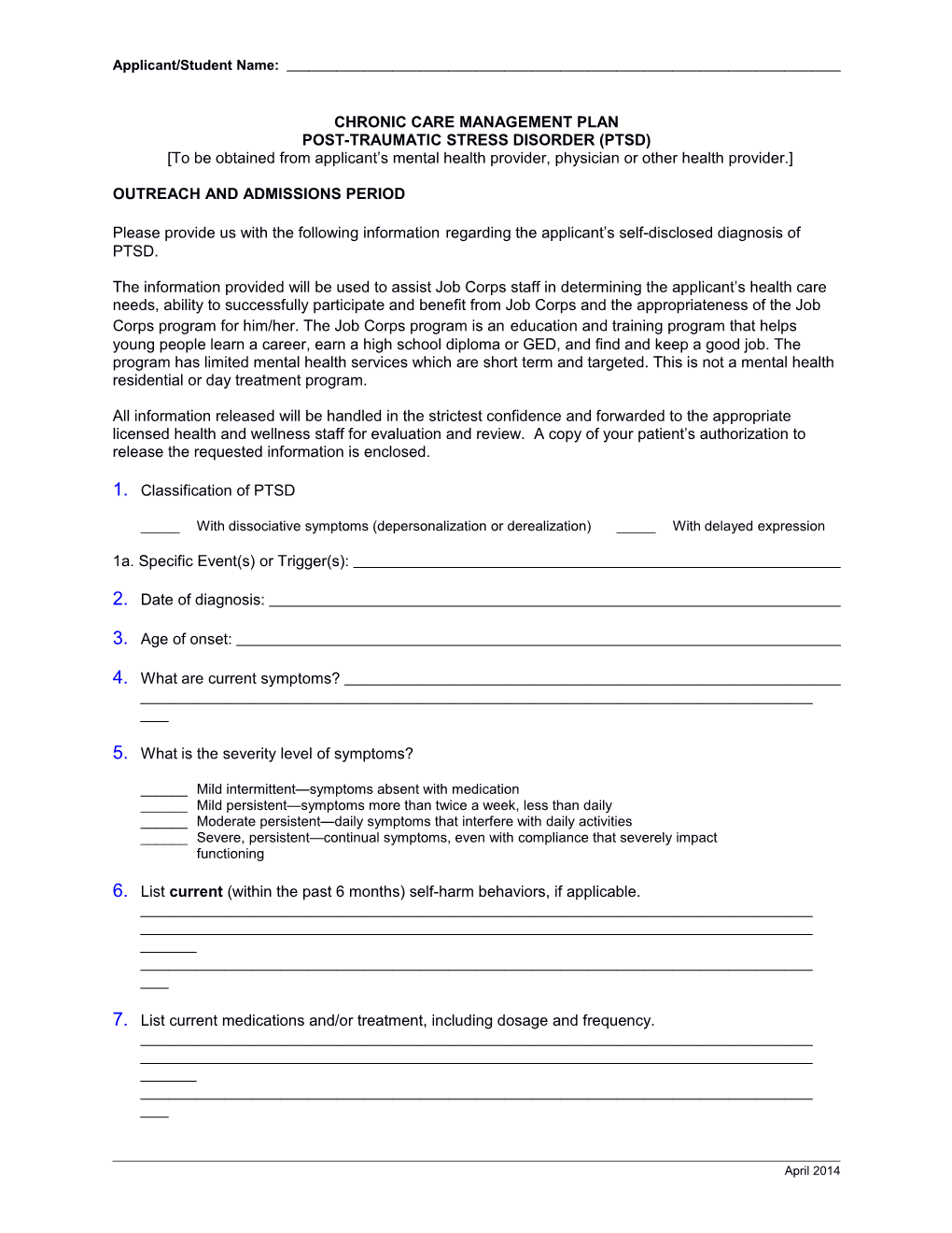 Chronic Care Management Plan: Post-Traumatic Stress Disorder (PTSD)