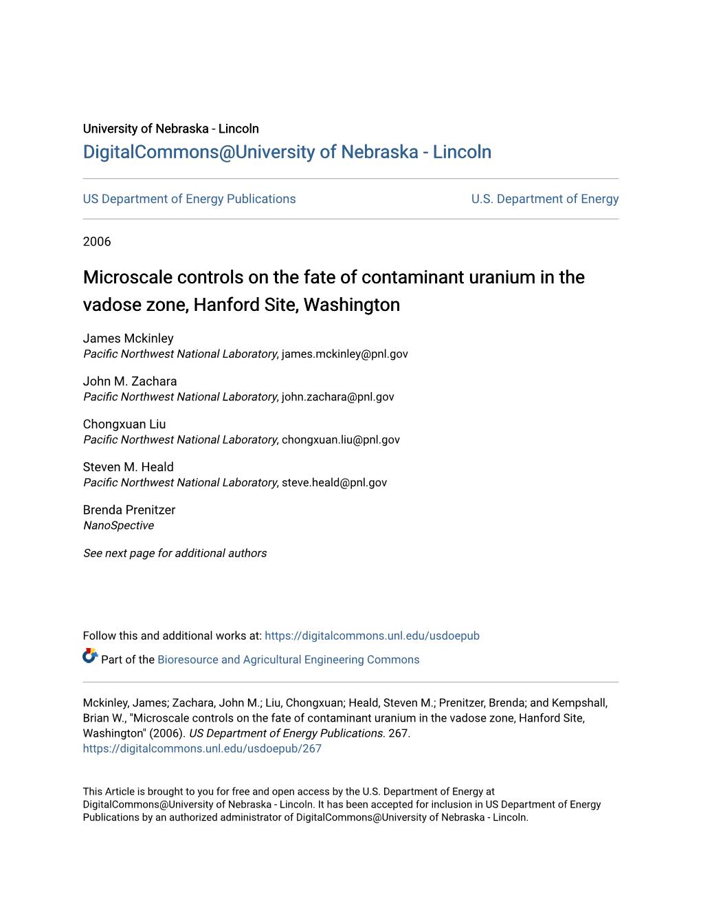 Microscale Controls on the Fate of Contaminant Uranium in the Vadose Zone, Hanford Site, Washington