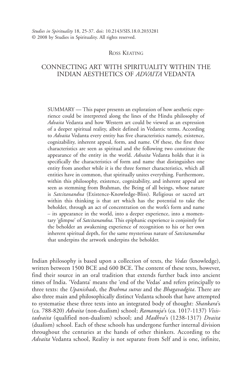 Connecting Art with Spirituality Within the Indian Aesthetics of Advaita Vedanta