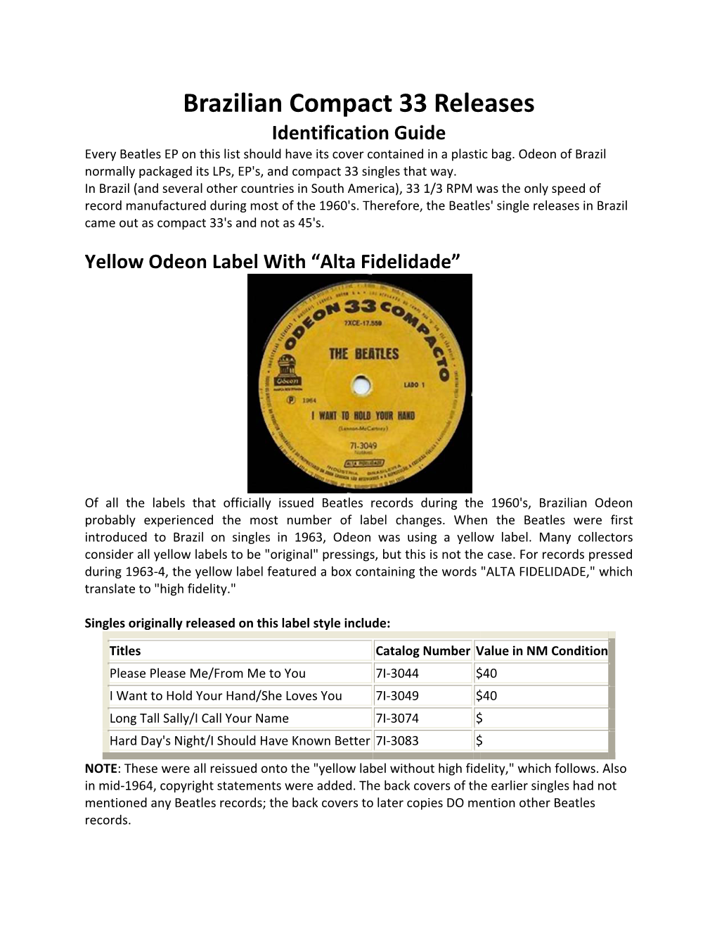 Beatles Brazilian Compact 33'S, Identification Guide