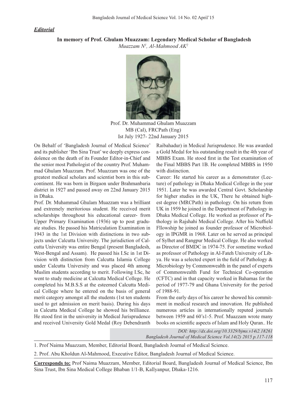 Editorial in Memory of Prof. Ghulam Muazzam: Legendary Medical Scholar of Bangladesh Muazzam N1, Al-Mahmood AK2