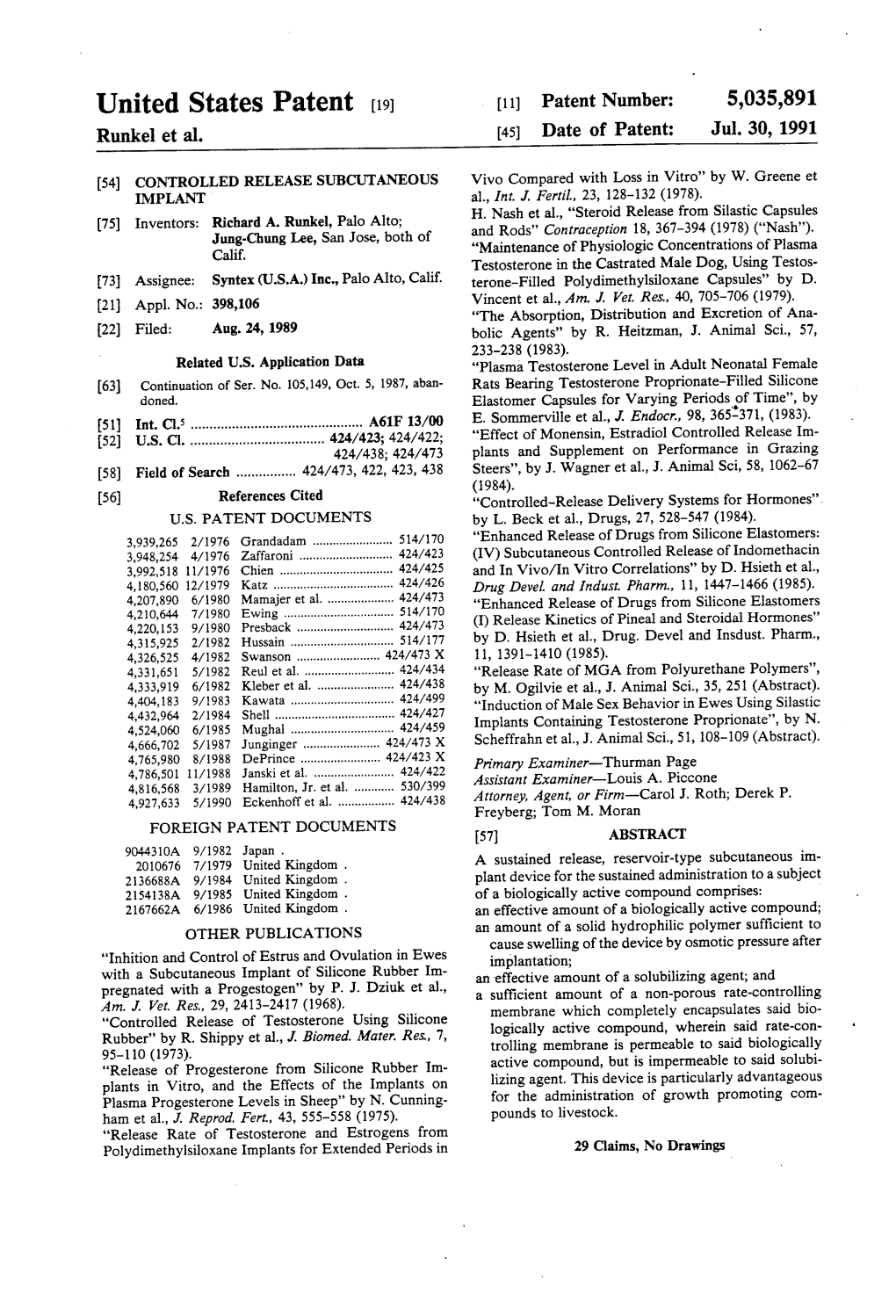 United States Patent (19) 11 Patent Number: 5,035,891 Runkel Et Al