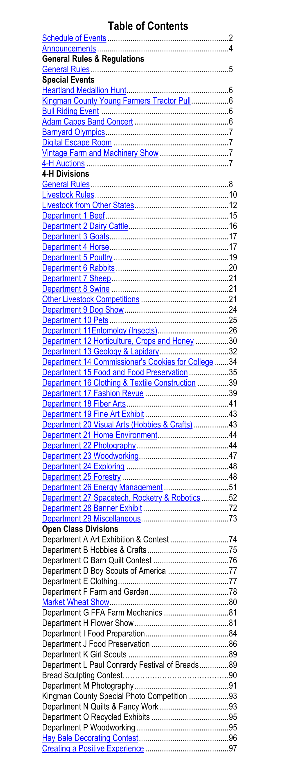 Table of Contents Schedule of Events