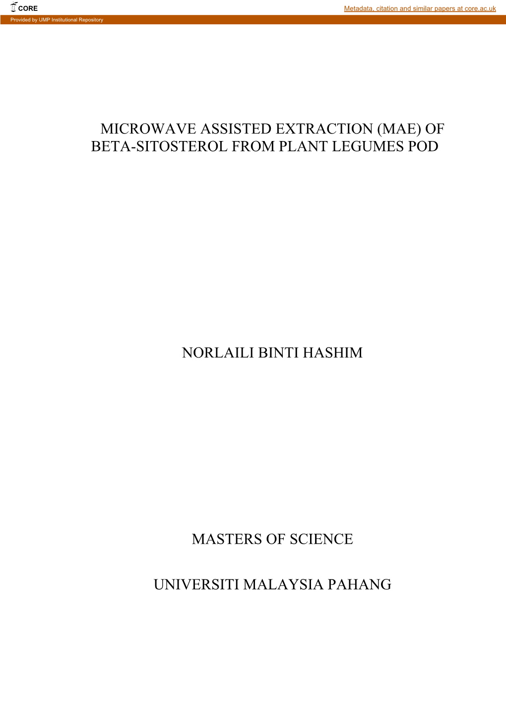 Microwave Assisted Extraction (Mae) of Beta-Sitosterol from Plant Legumes Pod