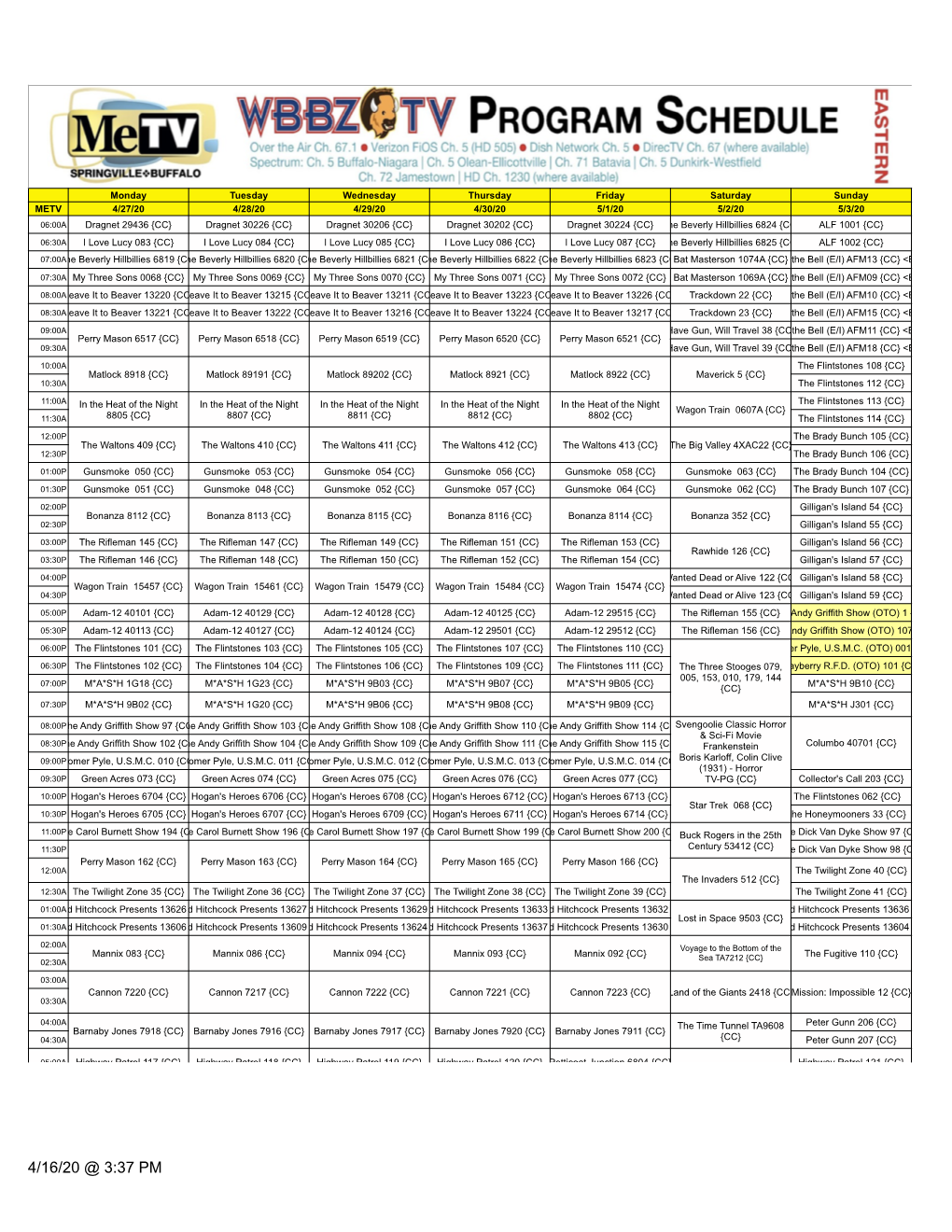 Me-TV Net Listings for 4-27-20