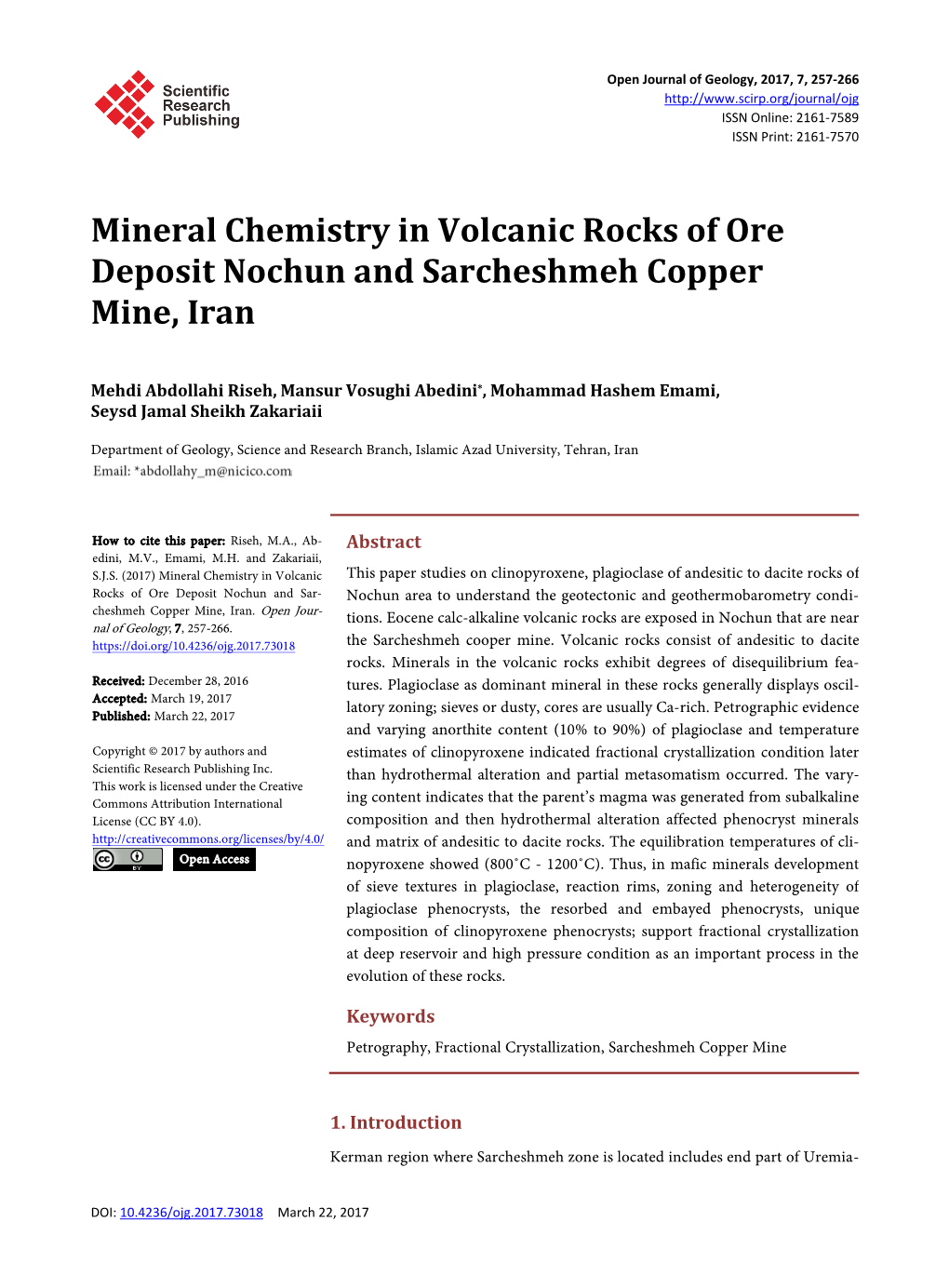 Mineral Chemistry in Volcanic Rocks of Ore Deposit Nochun and Sarcheshmeh Copper Mine, Iran