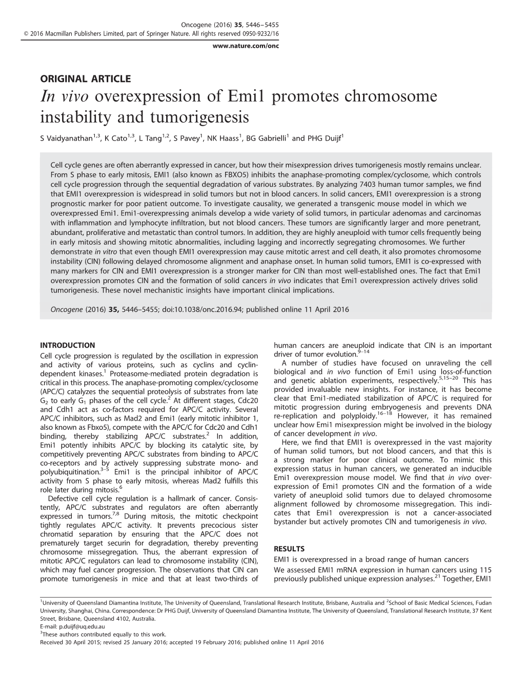 In Vivo Overexpression of Emi1 Promotes Chromosome Instability and Tumorigenesis
