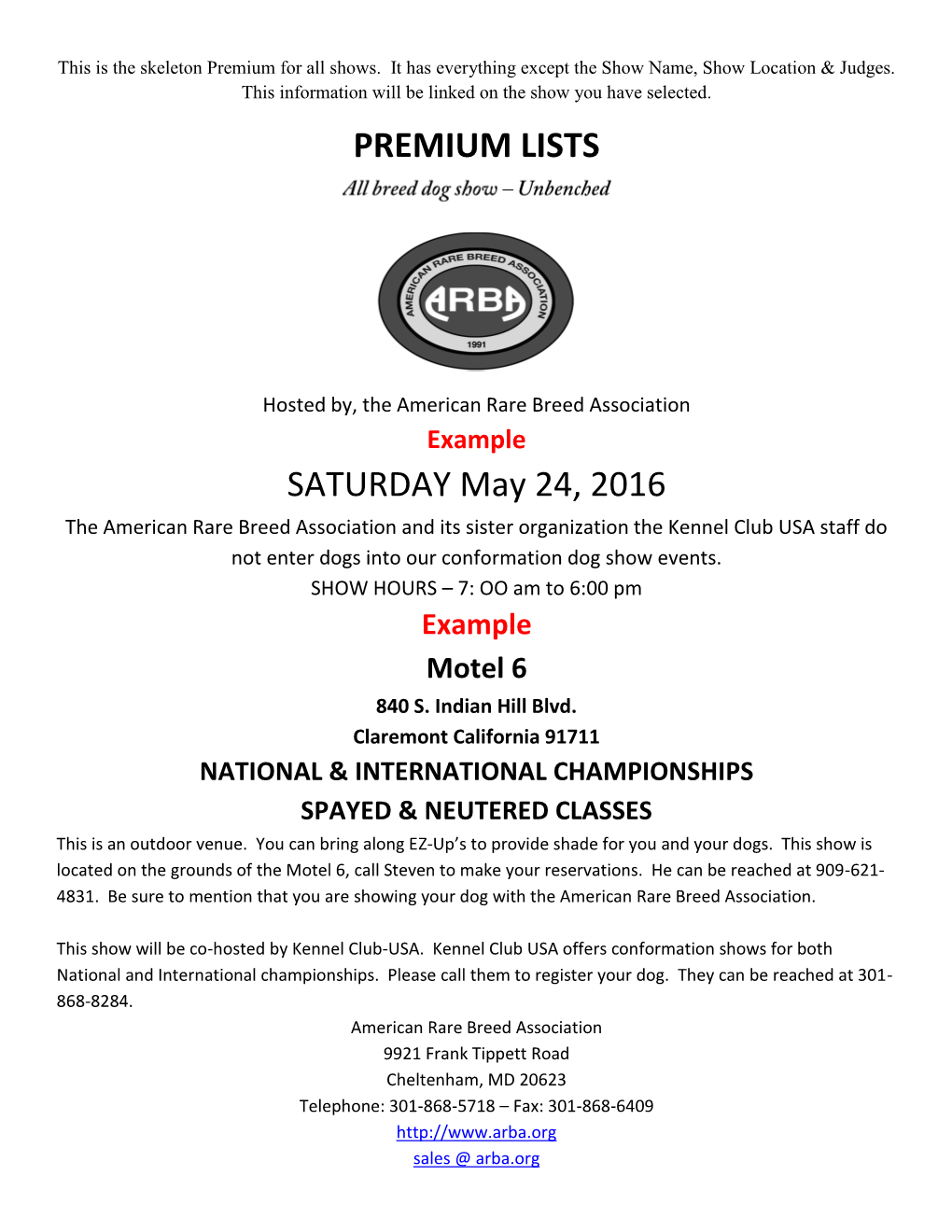 PREMIUM LISTS SATURDAY May 24, 2016