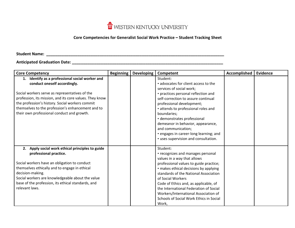 BSW Program Objectives (Graduation Competencies) Student Tracking Sheet