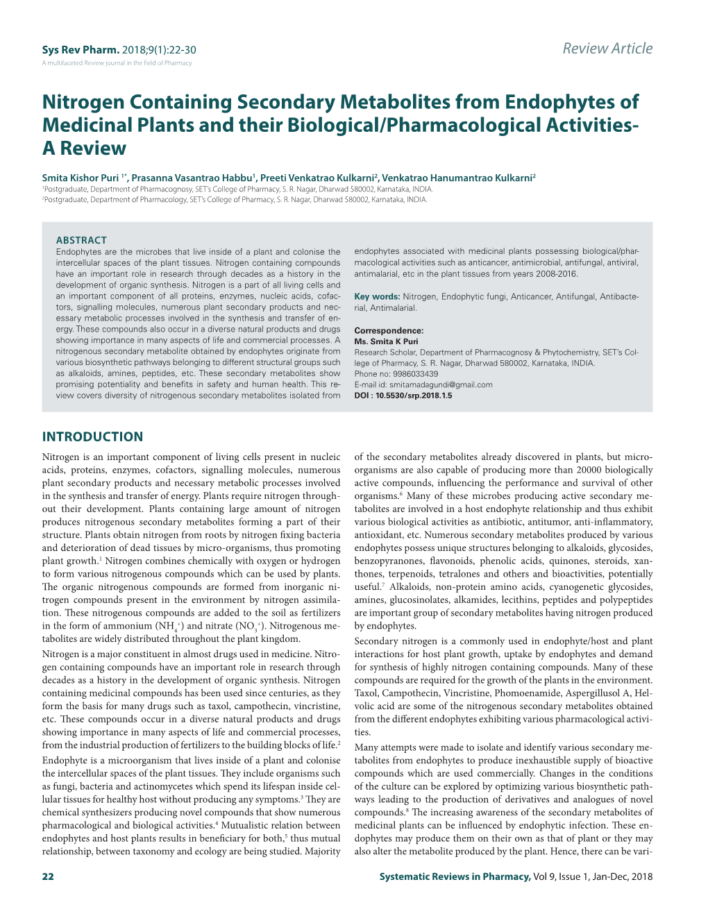 Nitrogen Containing Secondary Metabolites from Endophytes of Medicinal Plants and Their Biological/Pharmacological Activities- a Review