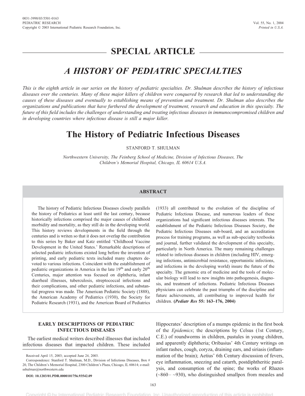 Special Article a History of Pediatric Specialties
