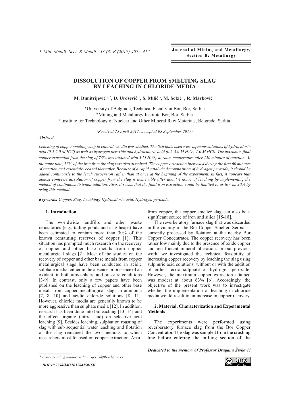 Dissolution of Copper from Smelting Slag by Leaching in Chloride Media