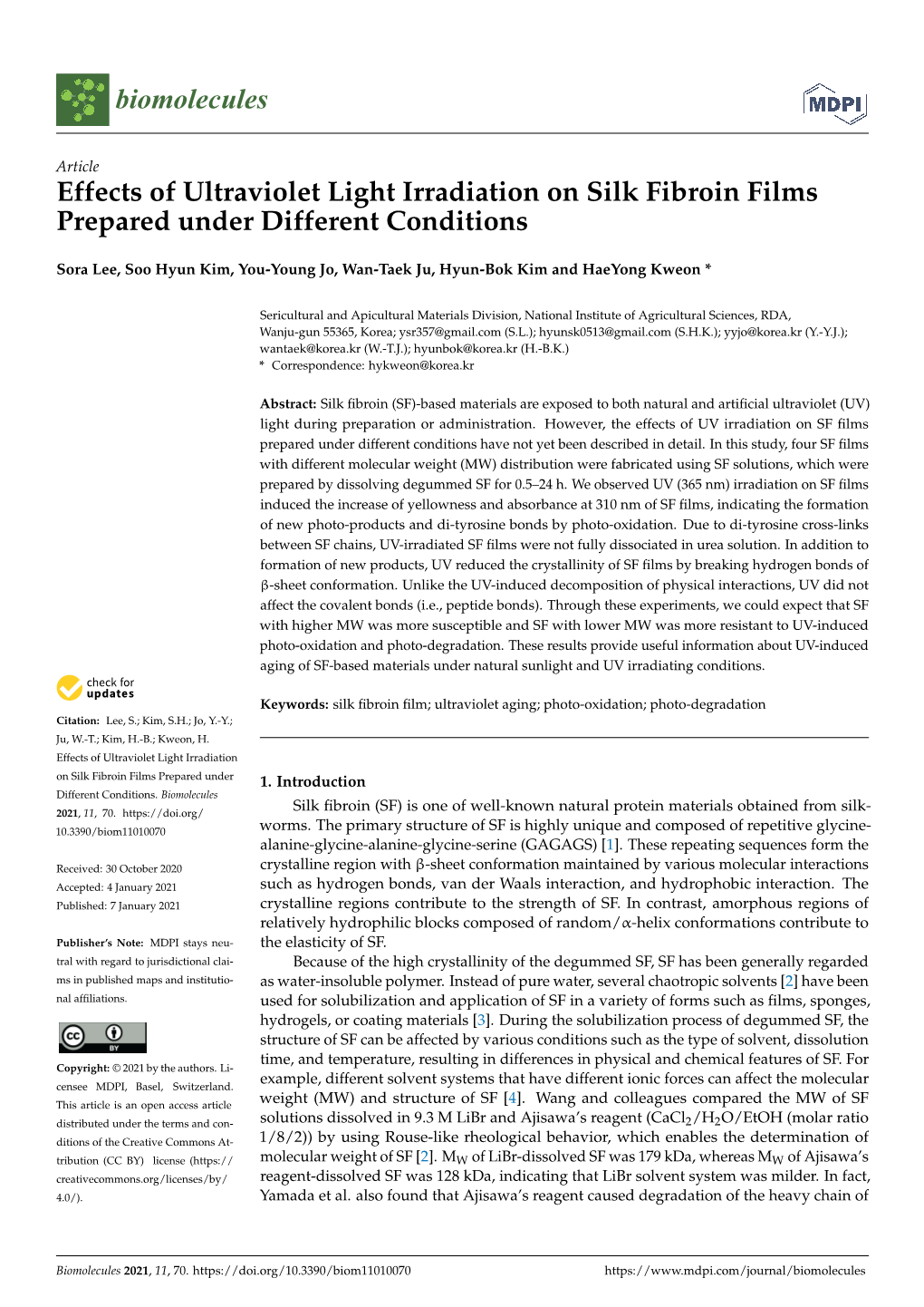 Effects of Ultraviolet Light Irradiation on Silk Fibroin Films Prepared Under Different Conditions