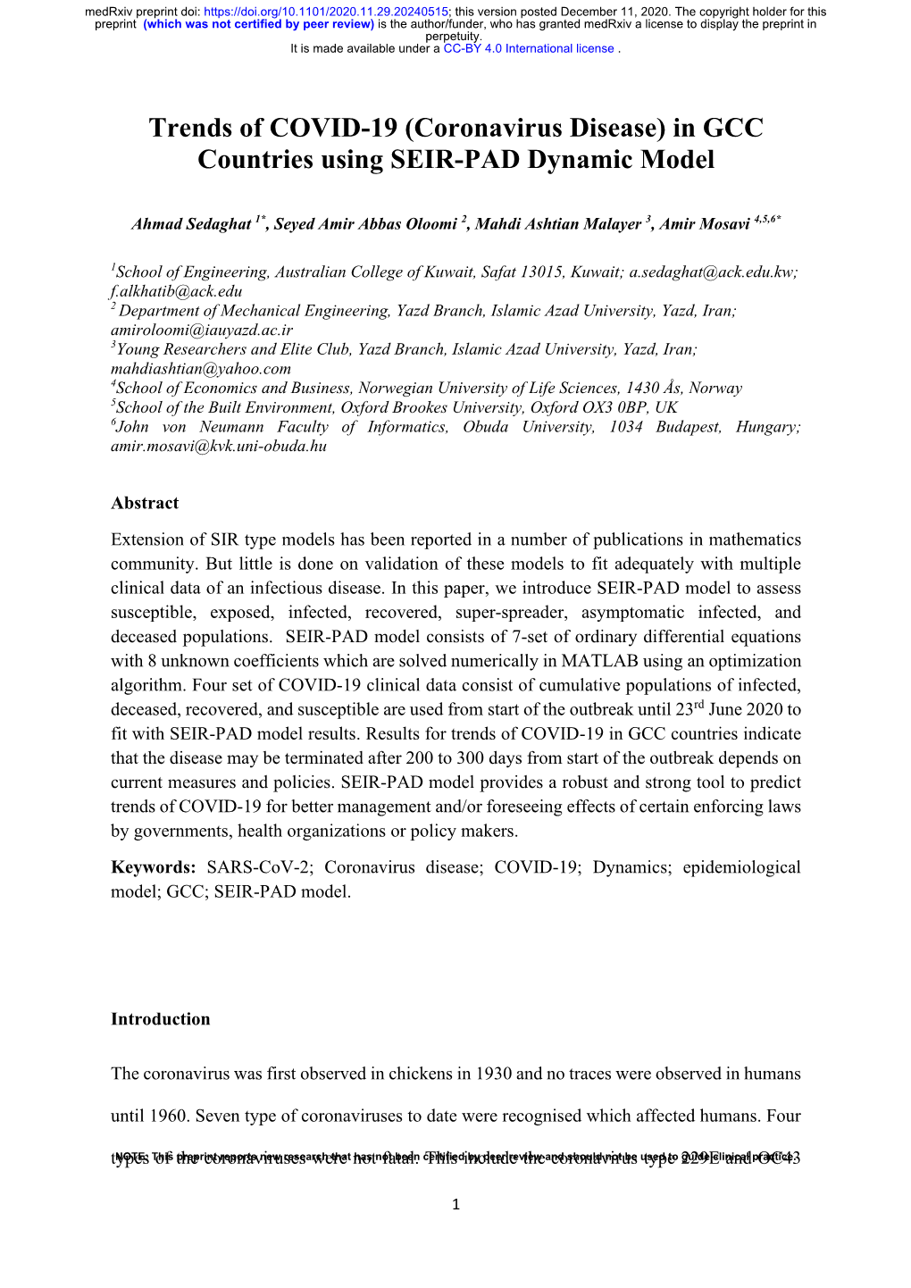 Trends of COVID-19 (Coronavirus Disease) in GCC Countries Using SEIR-PAD Dynamic Model