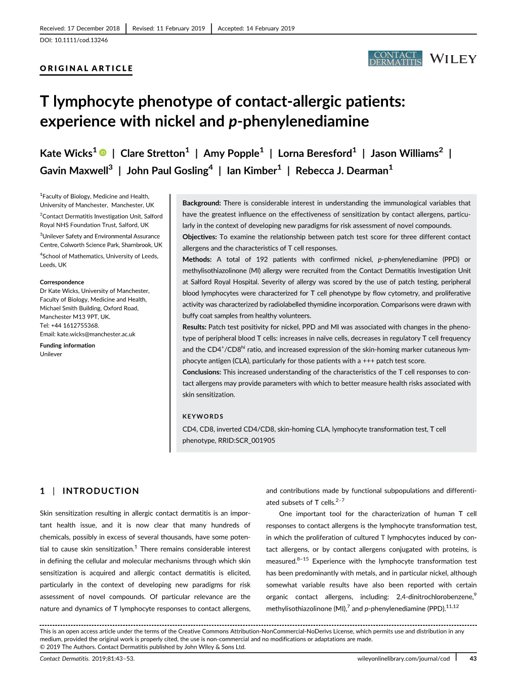 T Lymphocyte Phenotype of Contact Allergic Patients: Experience With