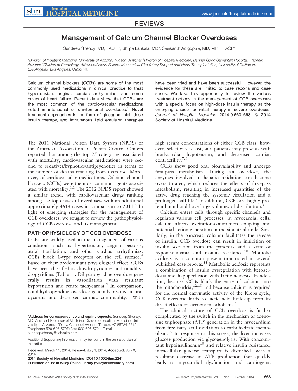 Management of Calcium Channel Blocker Overdoses