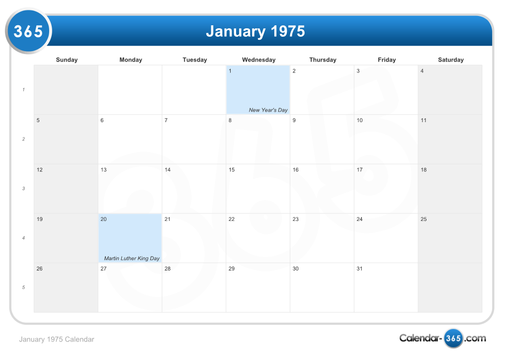 Month Calendar 1975 & Holidays 1975