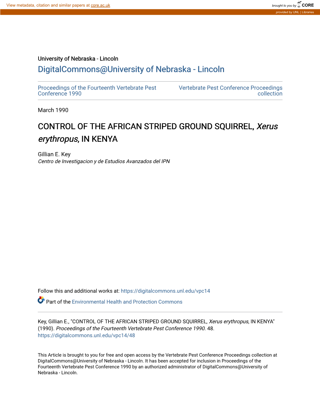 CONTROL of the AFRICAN STRIPED GROUND SQUIRREL, Xerus Erythropus, in KENYA