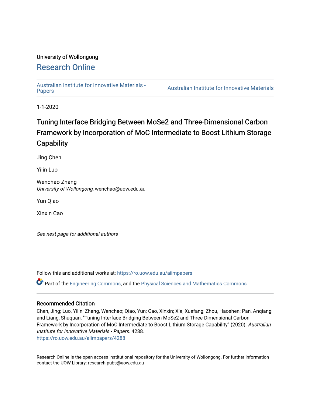 Tuning Interface Bridging Between Mose2 and Three-Dimensional Carbon Framework by Incorporation of Moc Intermediate to Boost Lithium Storage Capability