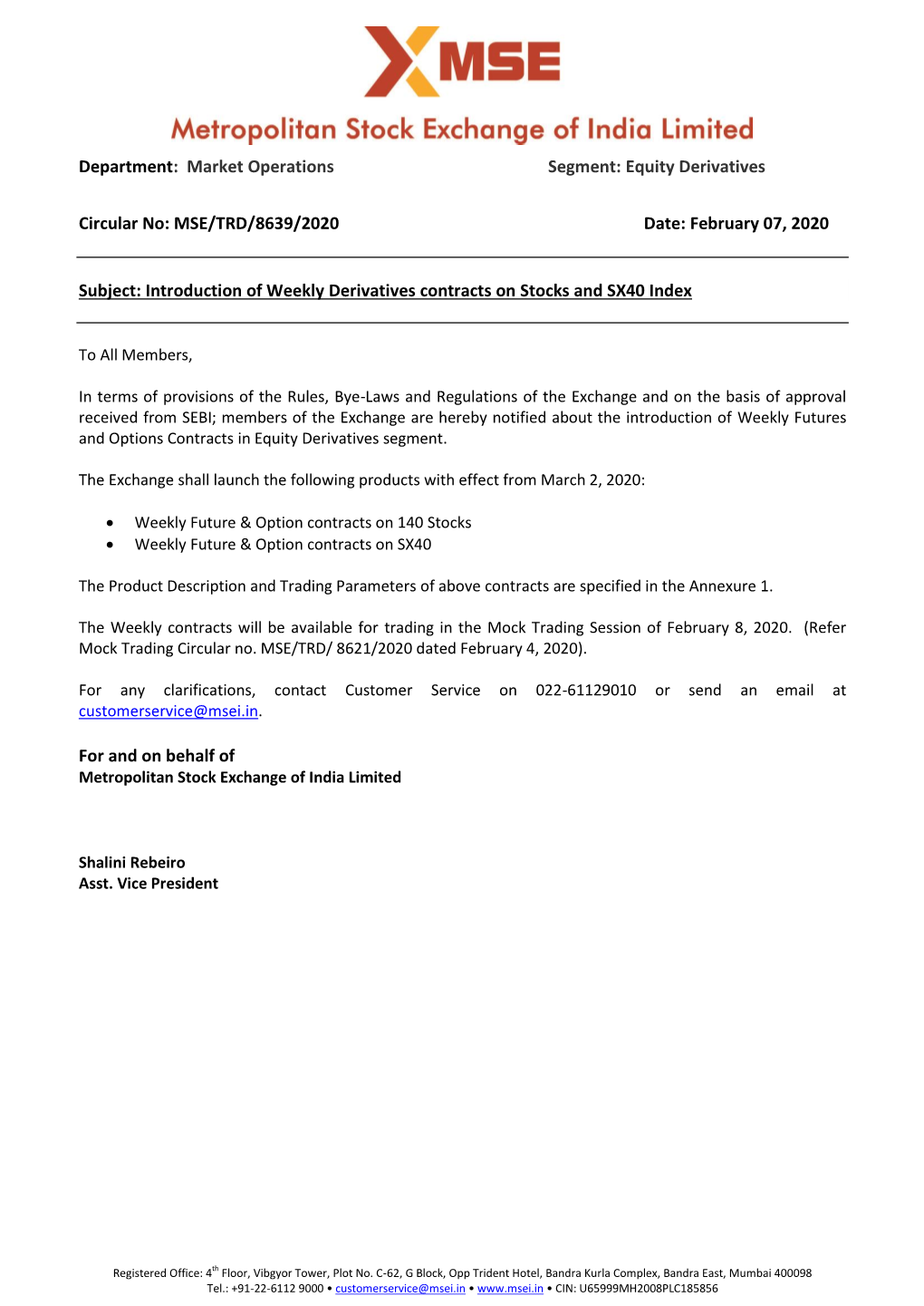 Equity Derivatives Circular No: MSE/TRD/8639/2020 Date