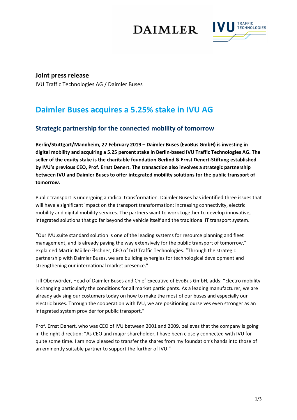 Daimler Buses Acquires a 5.25% Stake in IVU AG