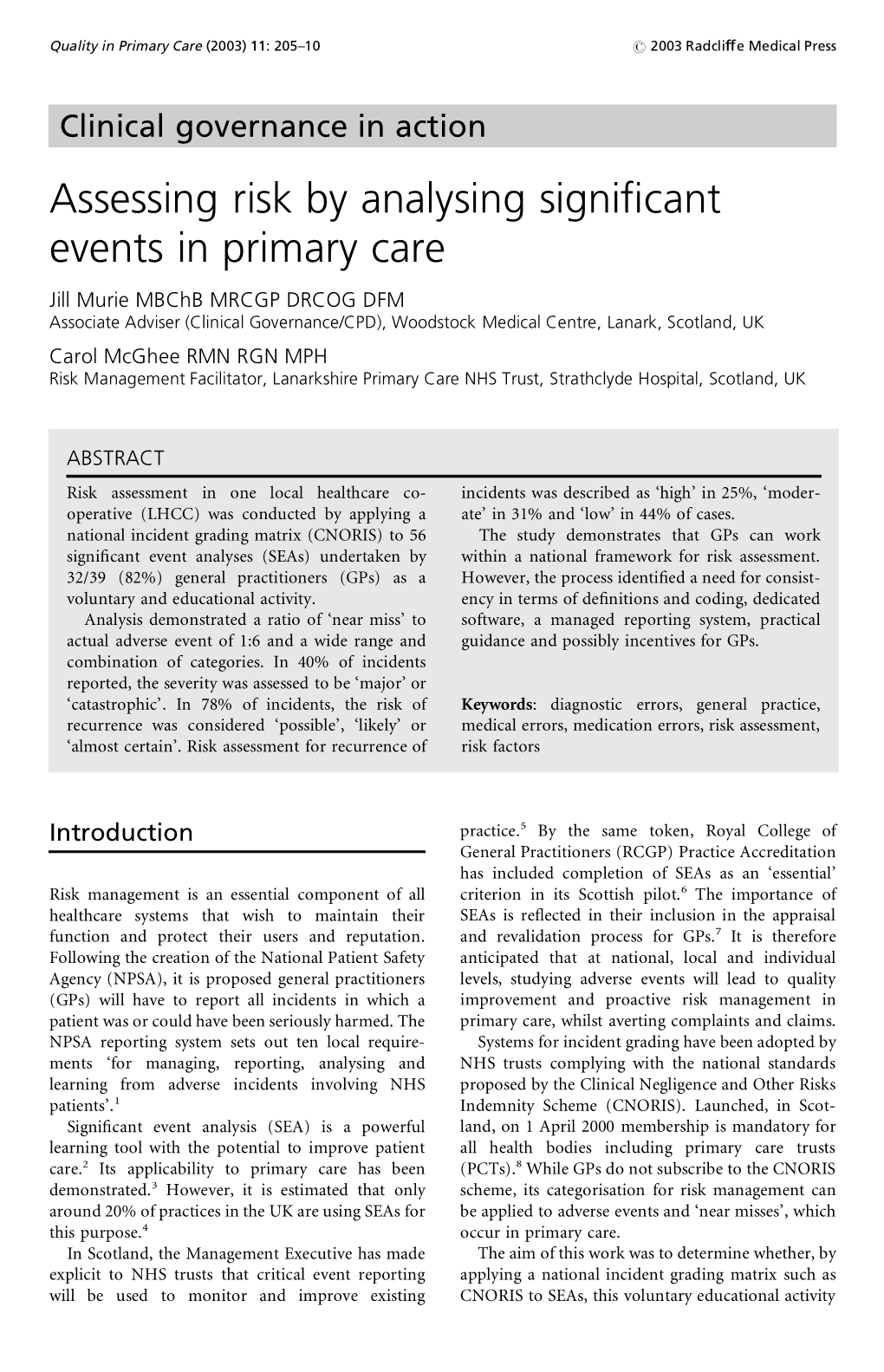 Assessing Risk by Analysing Significant Events in Primary Care