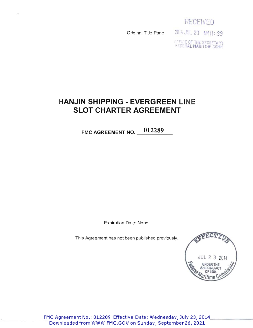 Hanjin Shipping - Evergreen Line Slot Charter Agreement