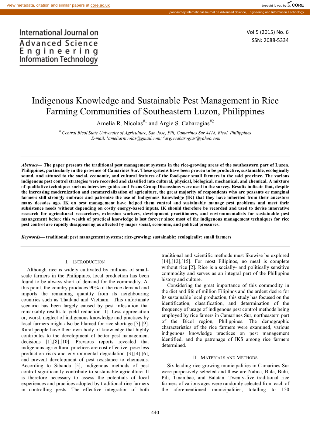 Indigenous Knowledge and Sustainable Pest Management in Rice Farming Communities of Southeastern Luzon, Philippines Amelia R