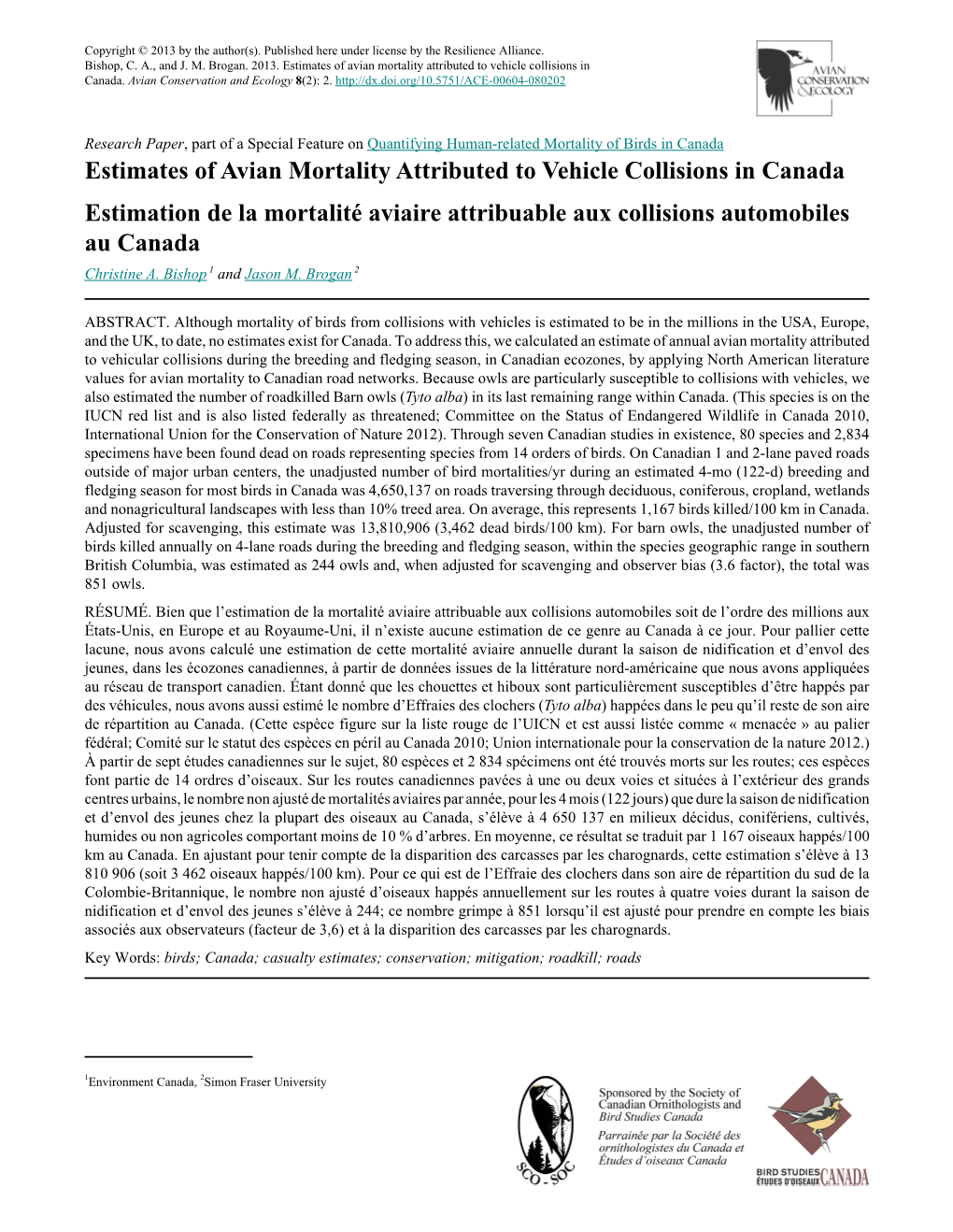 Estimates of Avian Mortality Attributed to Vehicle Collisions in Canada