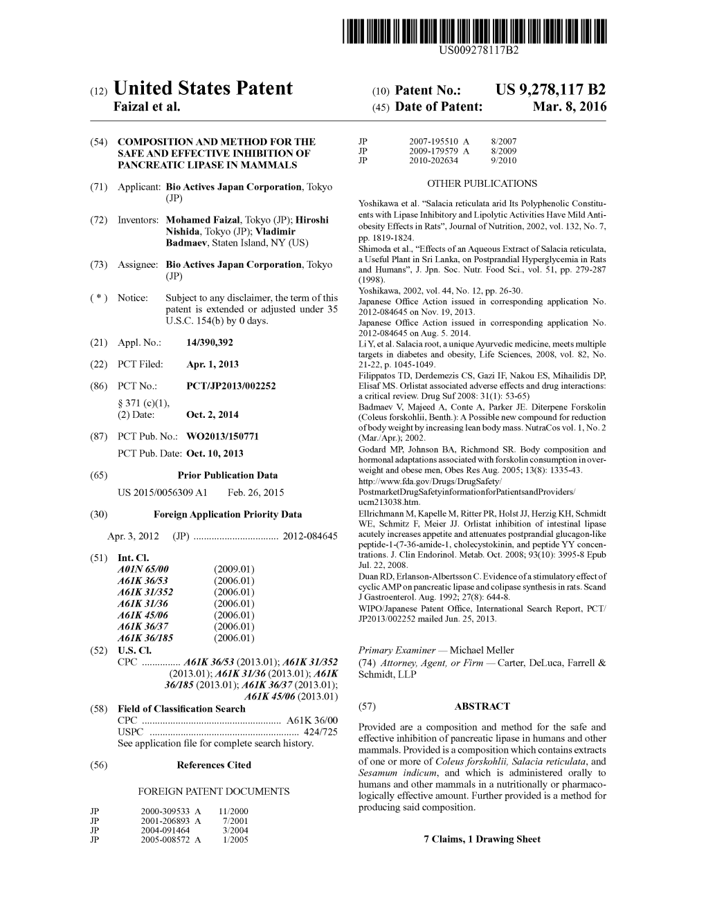 (12) United States Patent (10) Patent No.: US 9.278,117 B2 Faizal Et Al