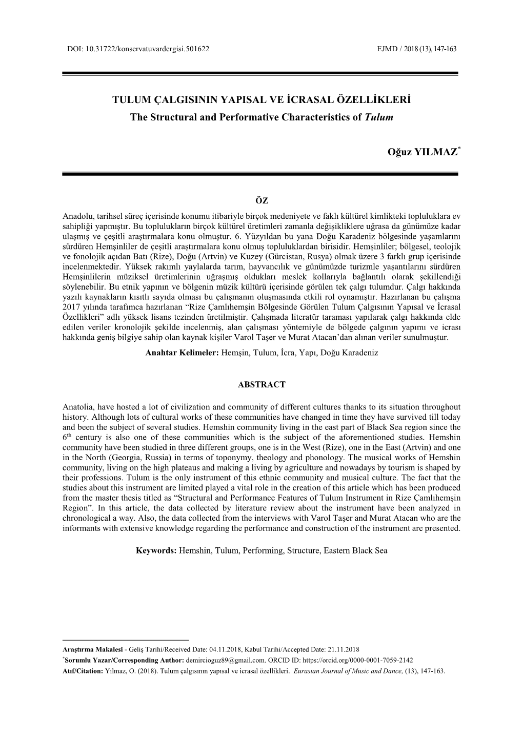 ULUM ÇALGISININ YAPISAL VE İCRASAL ÖZELLİKLERİ the Structural and Performative Characteristics of Tulum