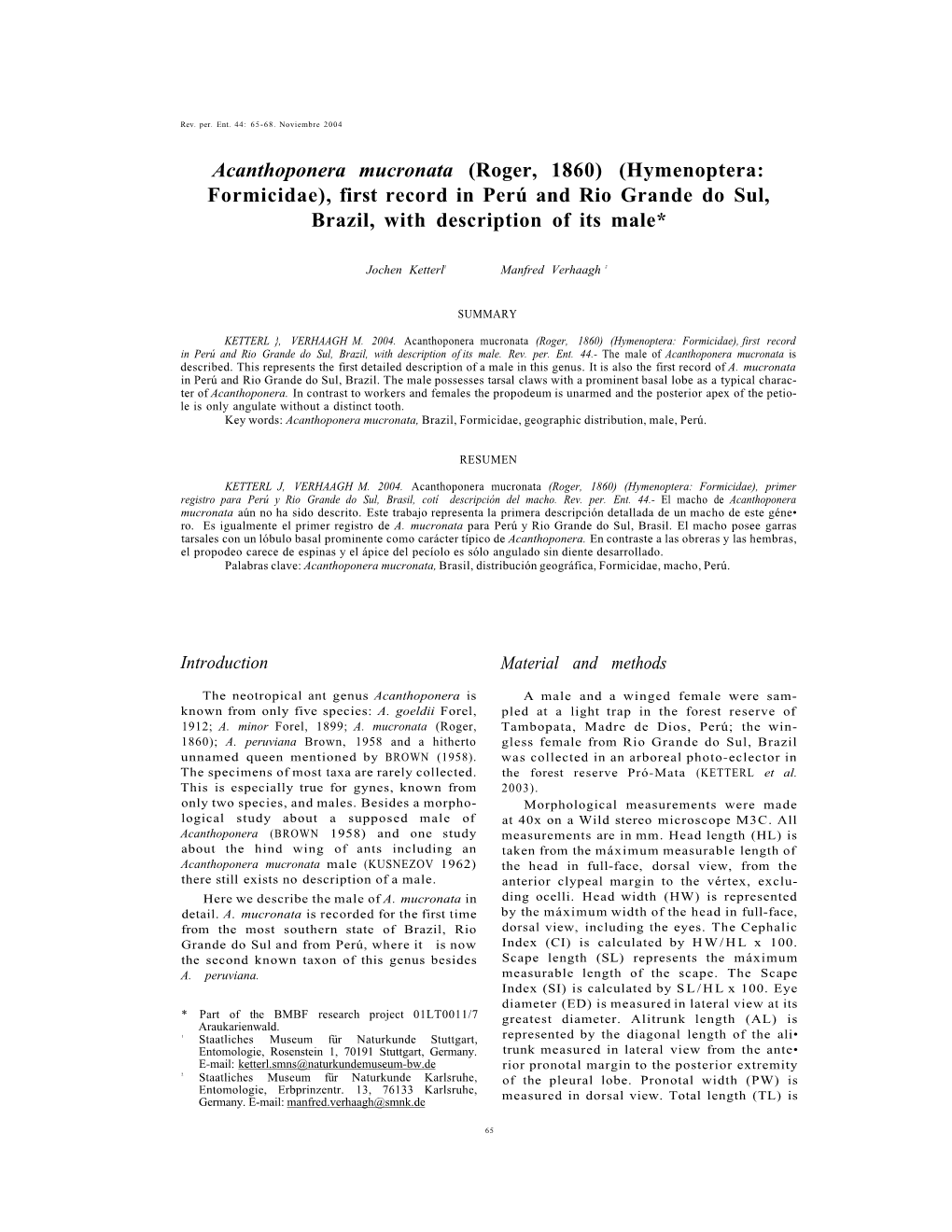 Acanthoponera Mucronata (Roger, 1860) (Hymenoptera: Formicidae), First Record in Perú and Rio Grande Do Sul, Brazil, with Description of Its Male*