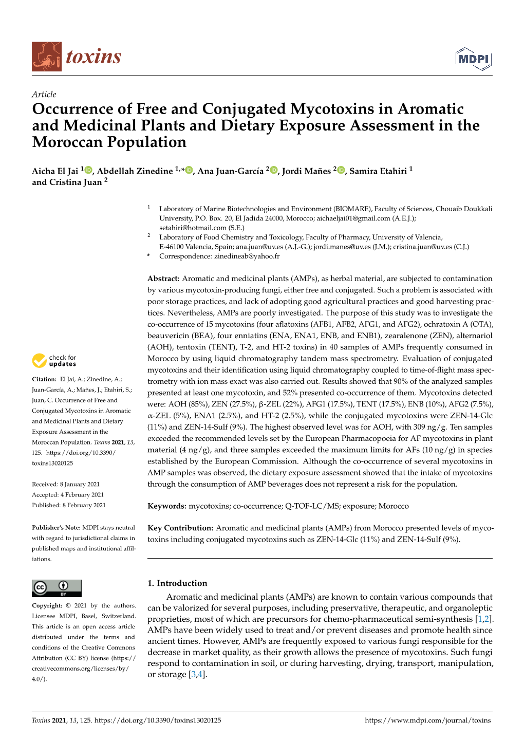 Occurrence of Free and Conjugated Mycotoxins in Aromatic and Medicinal Plants and Dietary Exposure Assessment in the Moroccan Population