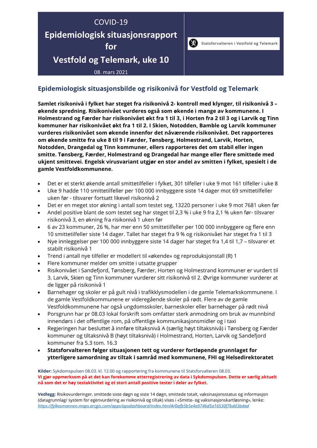 Epidemiologisk Situasjonsrapport for Vestfold Og Telemark, Uke 10