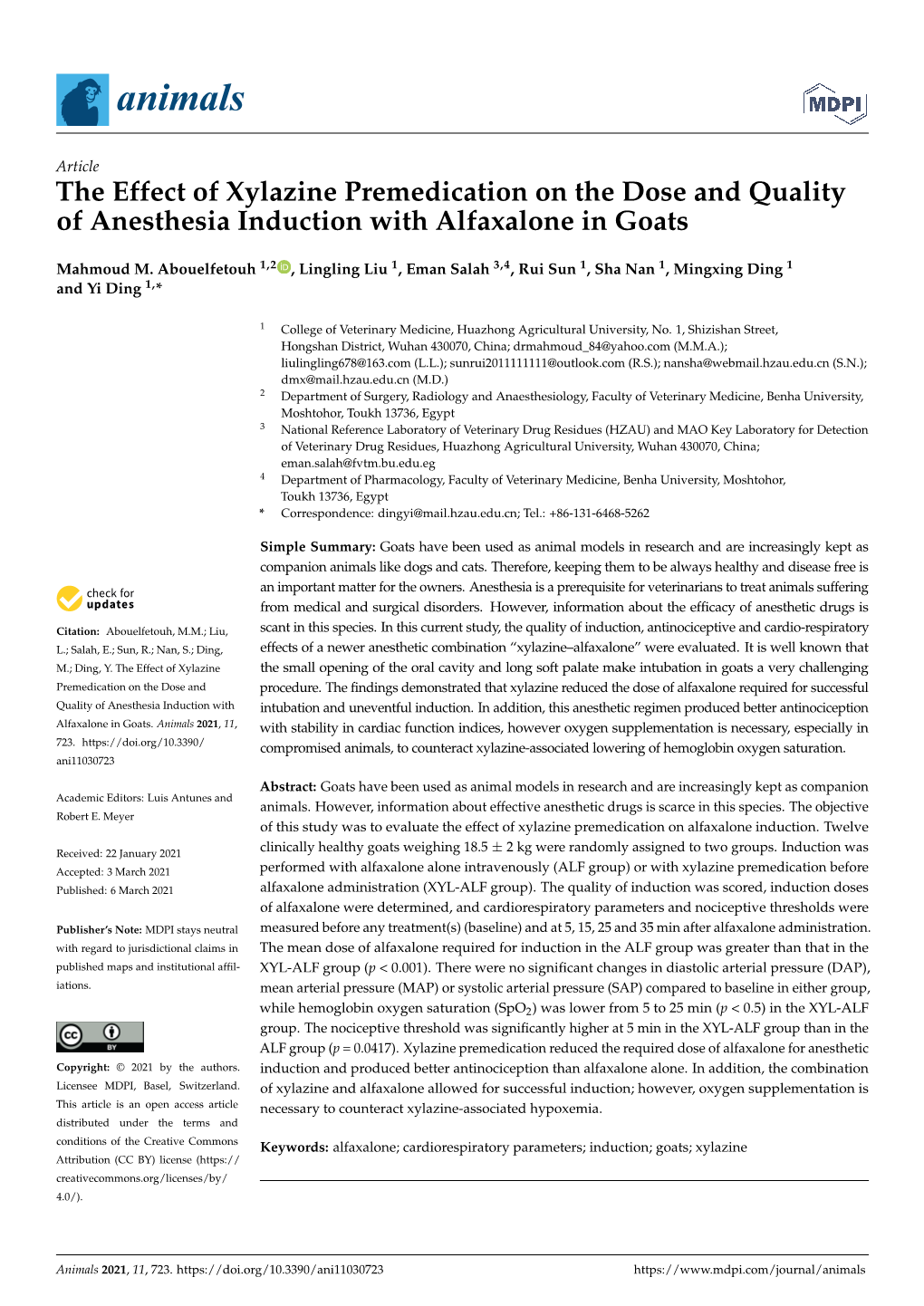 The Effect of Xylazine Premedication on the Dose and Quality of Anesthesia Induction with Alfaxalone in Goats