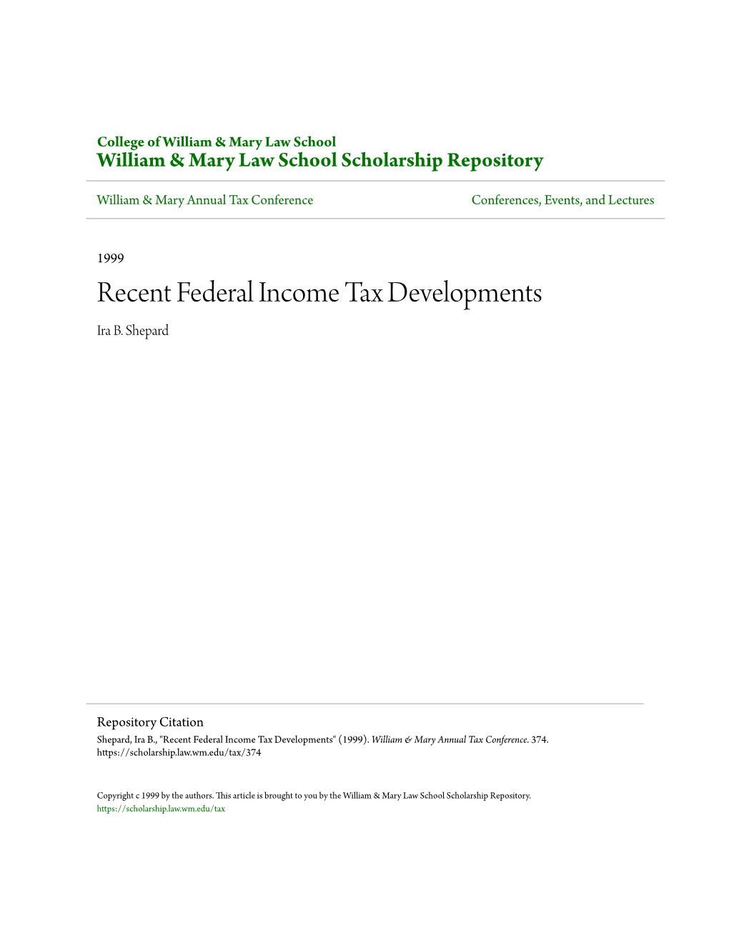 Recent Federal Income Tax Developments Ira B