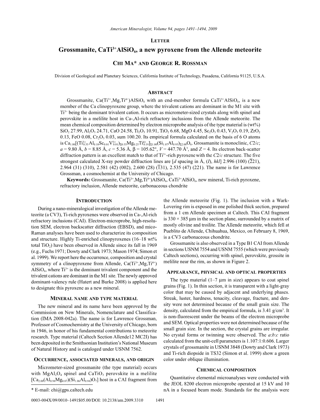 Grossmanite, Cati3+Alsio6, a New Pyroxene from the Allende Meteorite