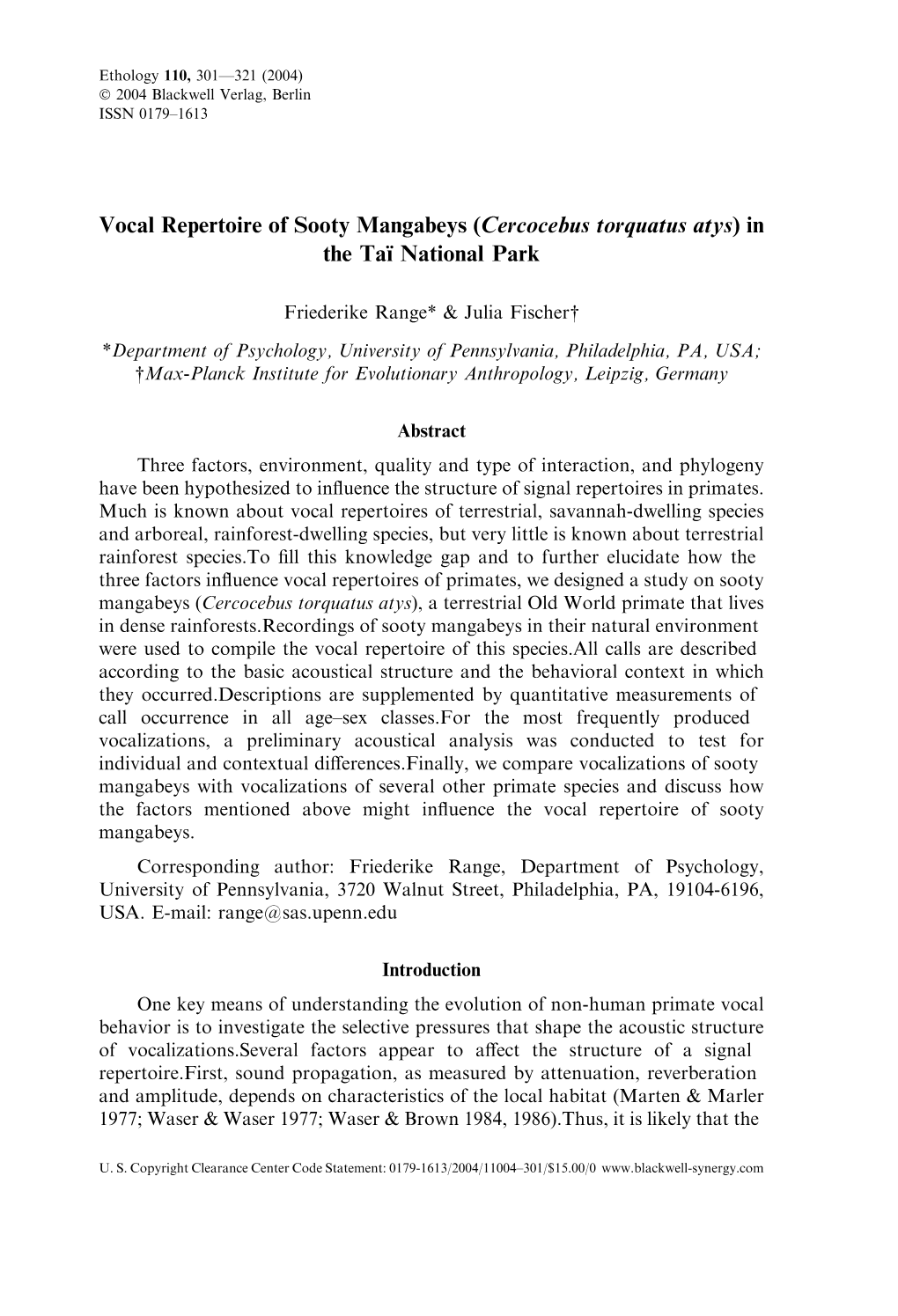 Vocal Repertoire of Sooty Mangabeys (Cercocebus Torquatus Atys) in The