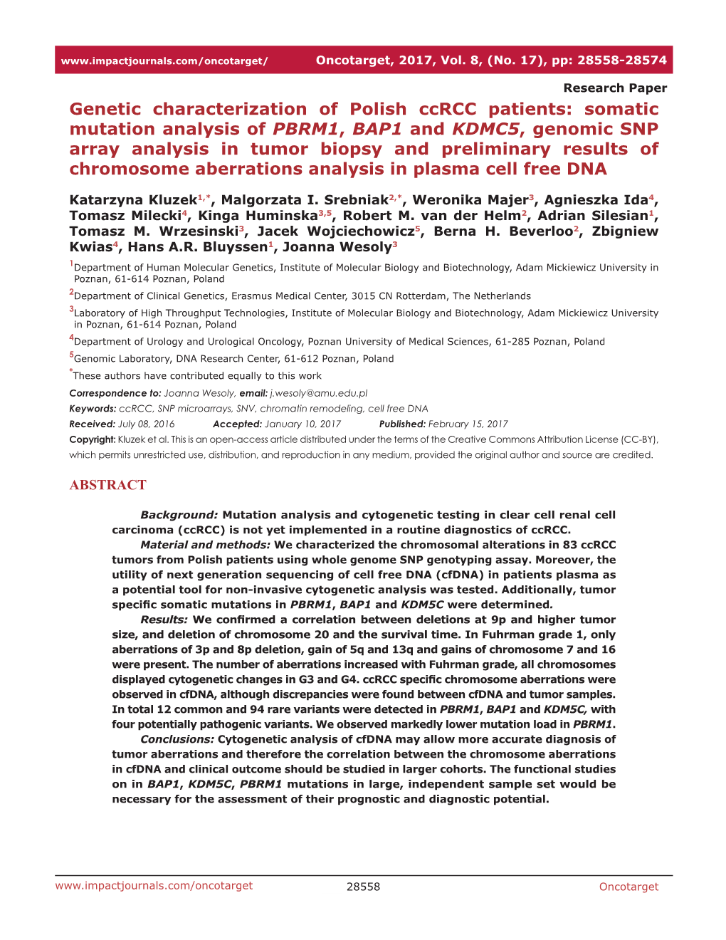 Somatic Mutation Analysis of PBRM1, BAP1 and KDMC5