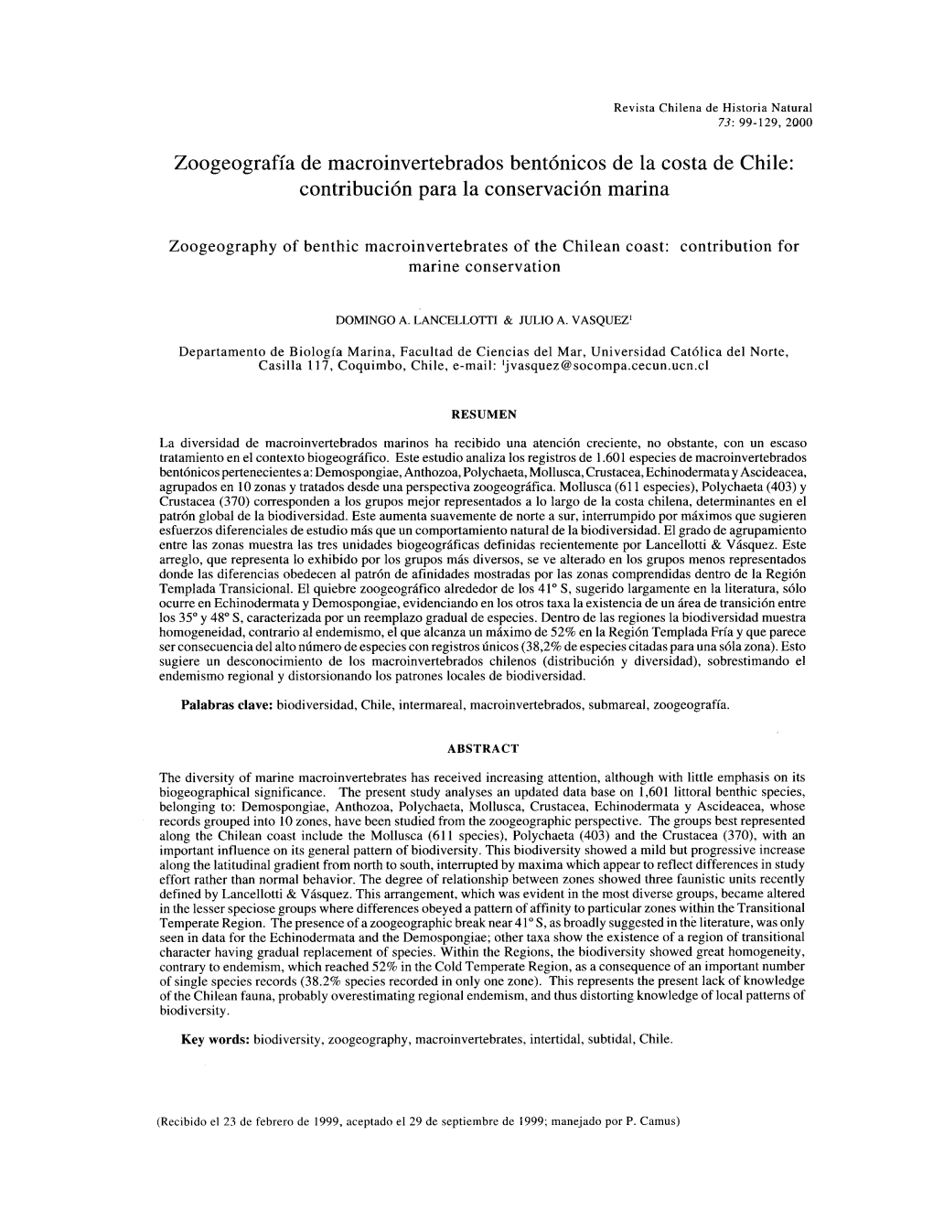 Zoogeografía De Macroinvertebrados Bentónicos De La Costa De Chile: Contribución Para La Conservación Marina