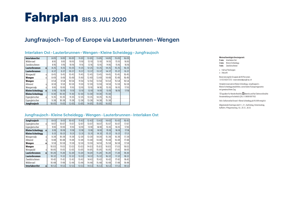 Top of Europe Via Lauterbrunnen – Wengen Fahrplan BIS 3. JULI 2020