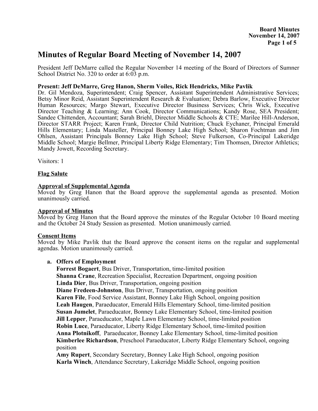 Minutes of Regular Board Meeting of November 14, 2007