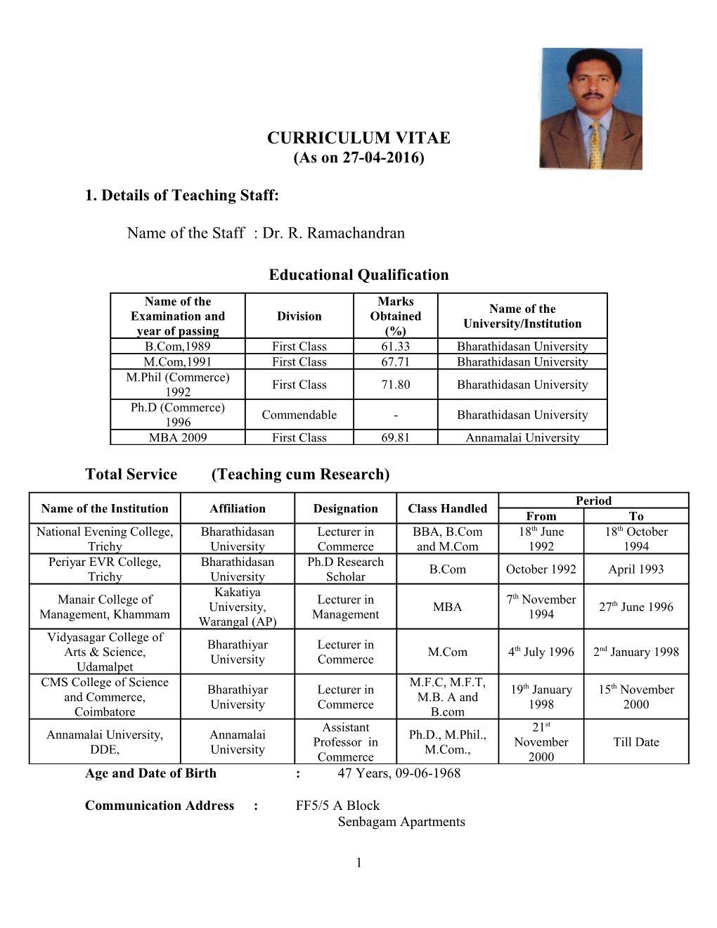 Name of the Staff : Dr. R. Ramachandran