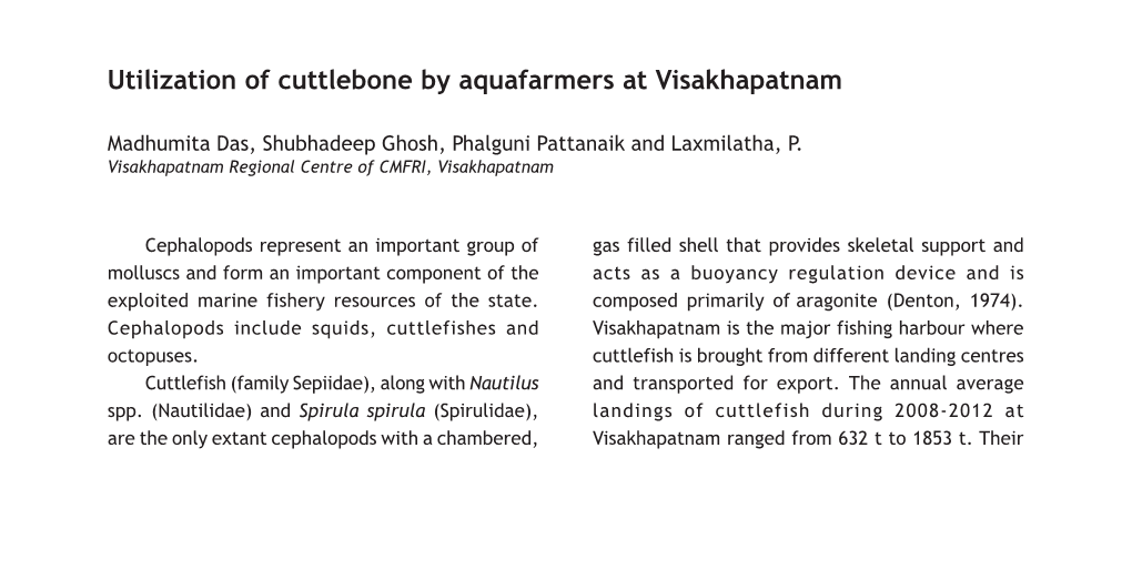 Utilization of Cuttlebone by Aquafarmers at Visakhapatnam