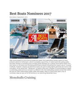 Best Boats Nominees 2017 SAIL Editors | September 8, 2016
