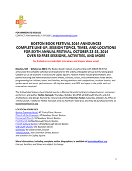 Boston Book Festival 2014 Announces Complete